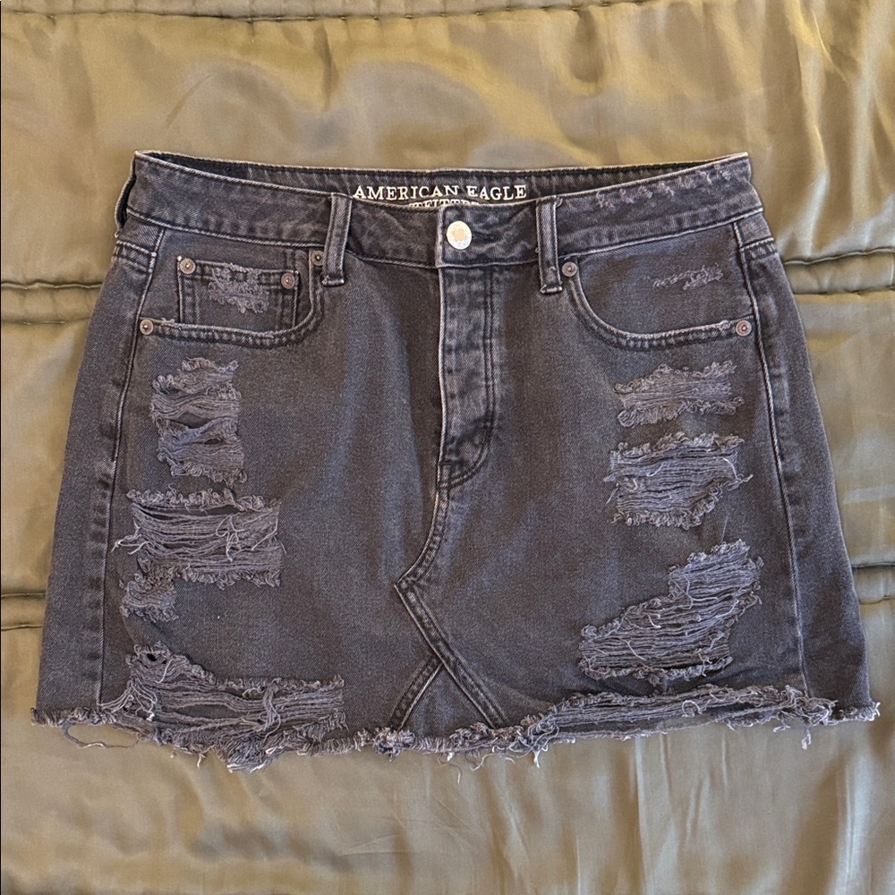 American Eagle High-Waisted Distressed Black Denim Mini Skirt - Size 10